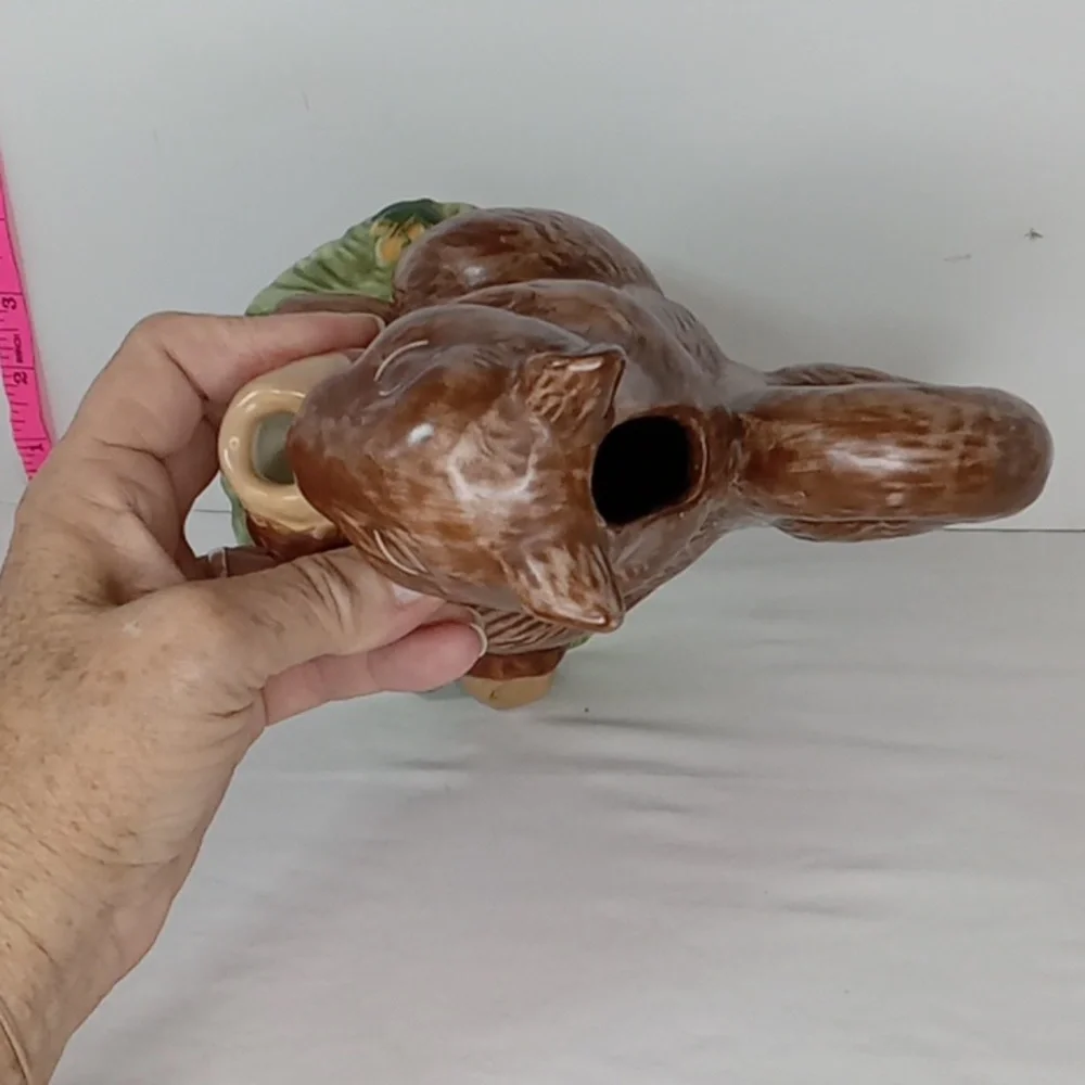 Vintage Stoneware Whimsical Hand Painted Squirrel Vase Pitcher